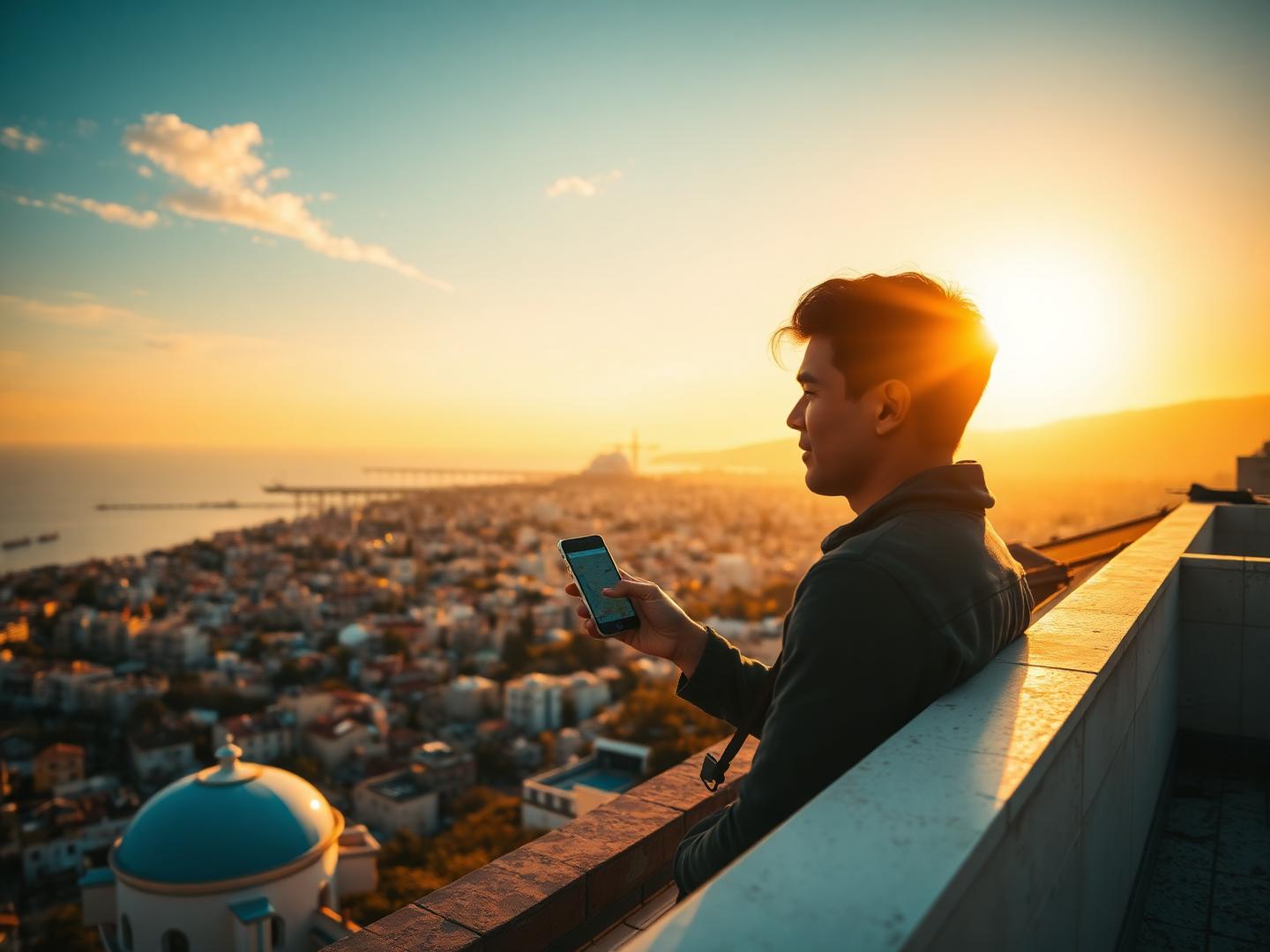 Traveller checking a map on a phone above a coastal city at sunset